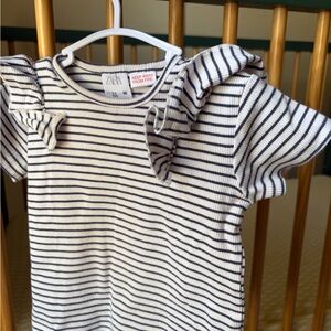 ZARA Girls White & Navy Striped Ruffle Sleeve Tee